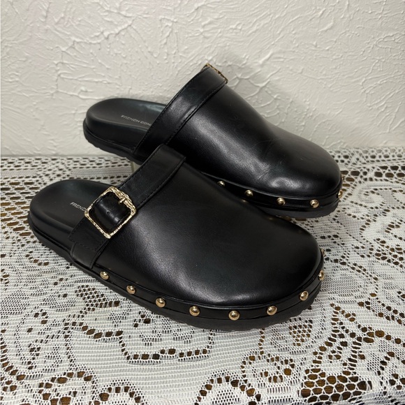French Connection Black Leather Mules with Gold Buckle - Picture 1 of 4